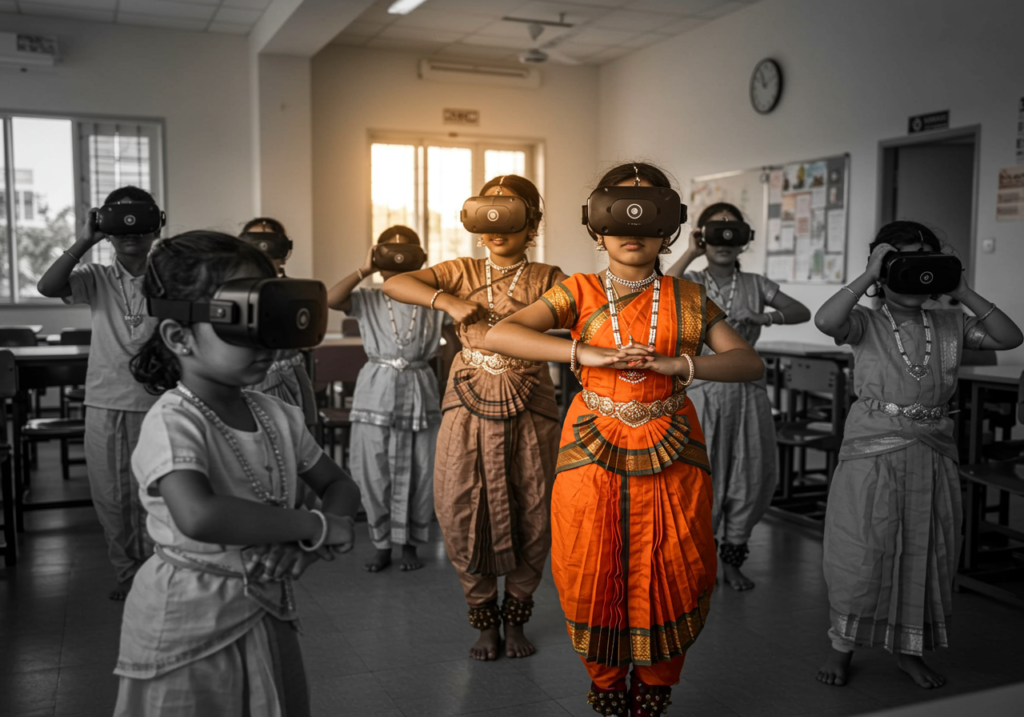 An image where little kids are experiencing Indian folk traditions with immersive media